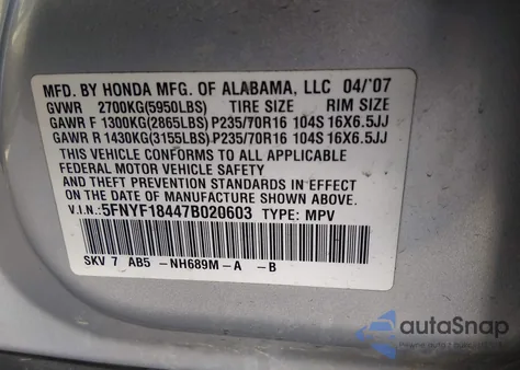 2007 Honda Pilot z USA, uszkodzony, nr VIN 11111